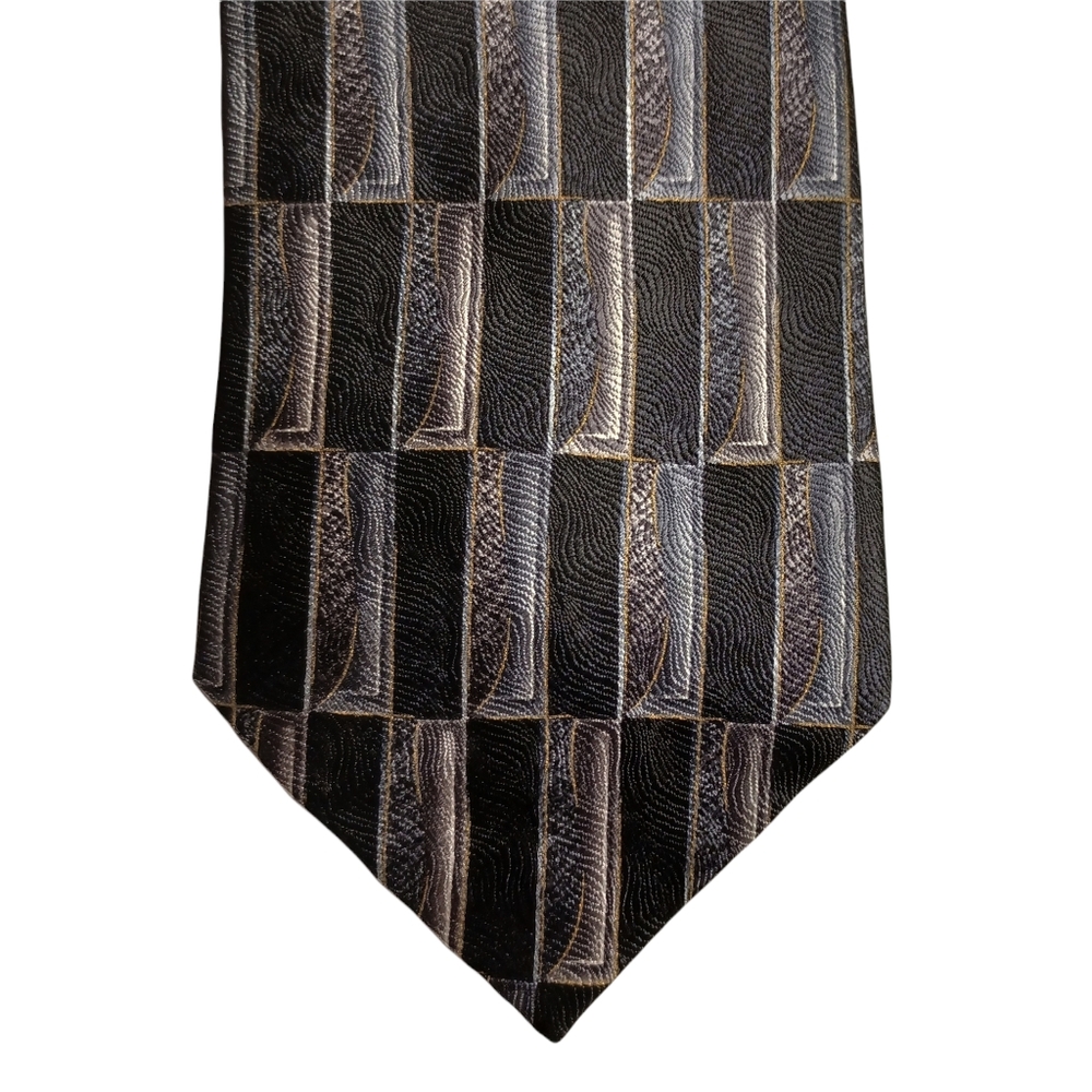 LOUIS ROTH 100% Silk Black Gray Rectangle Print Men's Tie